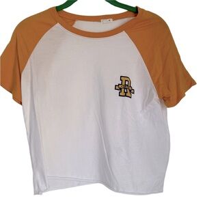 Garage preppy white logo t-shirt with gold arms.  Medium
